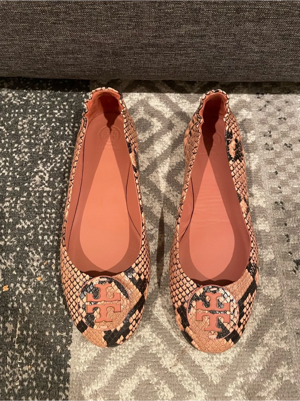 Tory Burch Blush Snake-Print Minnie Travel Ballet Flats